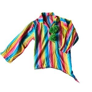 Vintage Homemade Clown Costume Shirt  Rainbow Pompom Adult Circus Cosplay S/M